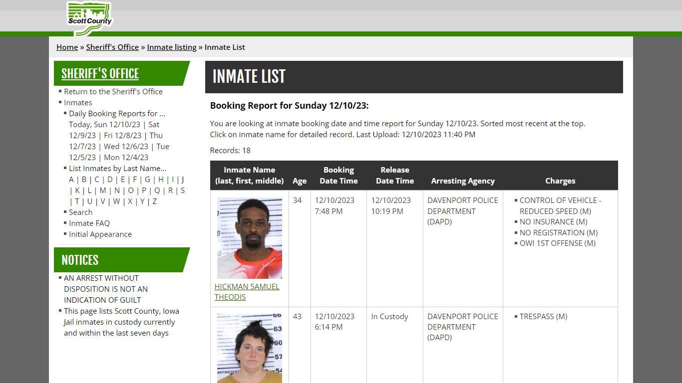 Inmate List - Scott County, Iowa